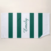 Serviette De Plage Moderne Élégant Vert Blanc Motif de Rayures Nom (Devant)