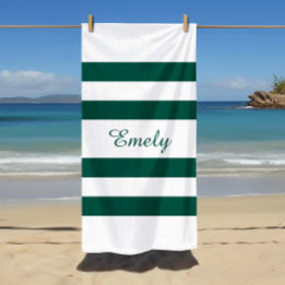Serviette De Plage Moderne Élégant Vert Blanc Motif de Rayures Nom