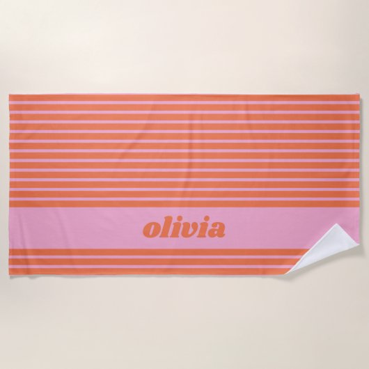 Serviette De Plage Moderne Été Rose Orange Rayé Personnalisé (Devant)