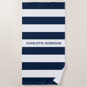 Serviette De Plage Moderne marine rayures blanches nom personnalisé m