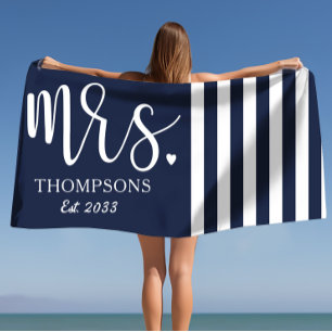 Serviette De Plage Moderne Mme Script Marine Nautique & Bandes Blanch