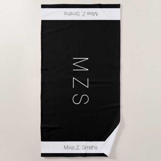serviette de plage moderne noir / blanc avec nom (Devant)