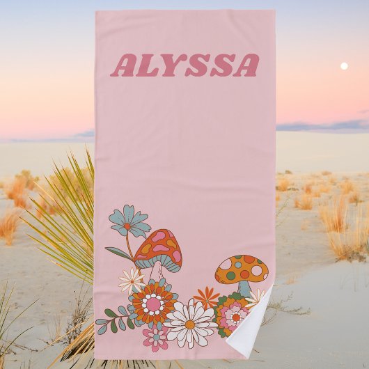 Serviette De Plage Moderne Pastel Rose Retro Champignons et Floral