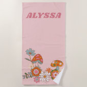 Serviette De Plage Moderne Pastel Rose Retro Champignons et Floral (Devant)
