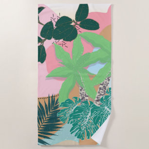 Serviette De Plage Moderne Pink Mint Tropical Foliage Design créatif