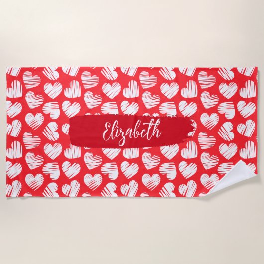 Serviette De Plage Moderne Rouge et Blanc Doodled Heart Valentine Nom (Devant)