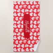 Serviette De Plage Moderne Rouge et Blanc Doodled Heart Valentine Nom (Devant)