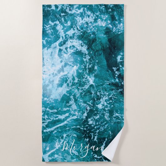 Serviette De Plage Moderne Turquoise Ocean Waves Personnalisé (Devant)