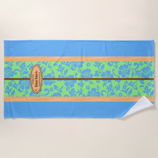 Serviette De Plage Mokuleia Hawaiian Faux Wood Monogram Surboard (Devant)