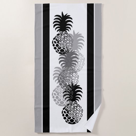 Serviette De Plage Momona Ananas Hawaiian rayé Tropical -Noir (Devant)