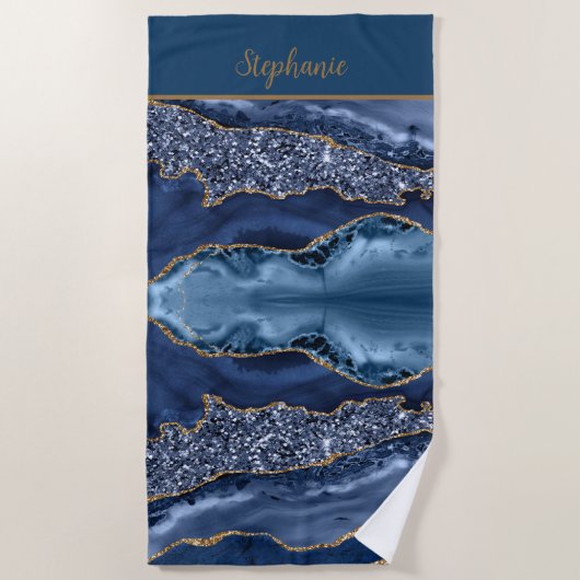 Serviette De Plage Monogram Blue Gold Parties scintillant Agate Motif (Devant)