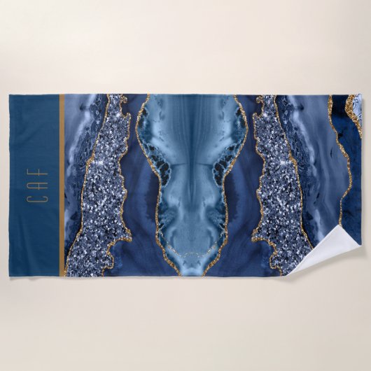 Serviette De Plage Monogram Blue Gold Parties scintillant Agate Motif (Devant)