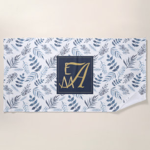 Serviette De Plage Monogram Marine Blue Gold Botanique Feuilles Ferns