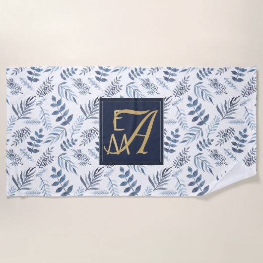 Serviette De Plage Monogram Marine Blue Gold Botanique Feuilles Ferns (Devant)