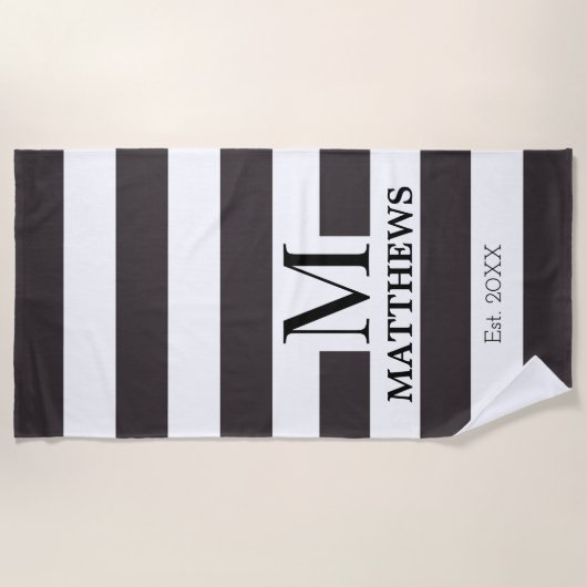 Serviette De Plage Monogram White and Navy Blue Stripes Nom de famill (Devant)