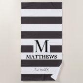 Serviette De Plage Monogram White and Navy Blue Stripes Nom de famill (Devant)