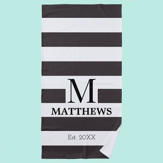Serviette De Plage Monogram White and Navy Blue Stripes Nom de famill