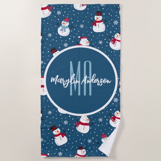 SERVIETTE DE PLAGE MONOGRAME DE SNOWMAN D'HIVER CHRÉTIEN (Devant)