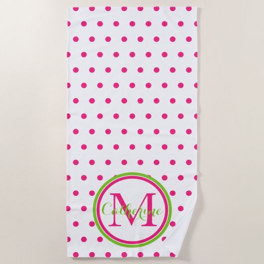 Serviette De Plage Monogramme à pointes rose et vert Preppy (Devant)