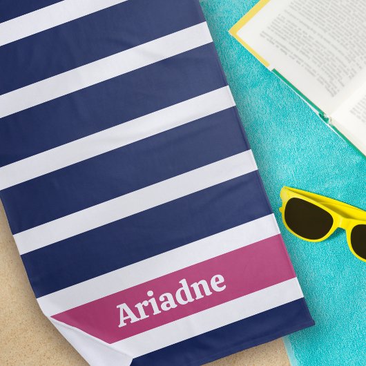 Serviette De Plage Monogramme à rayures bleu blanc rose