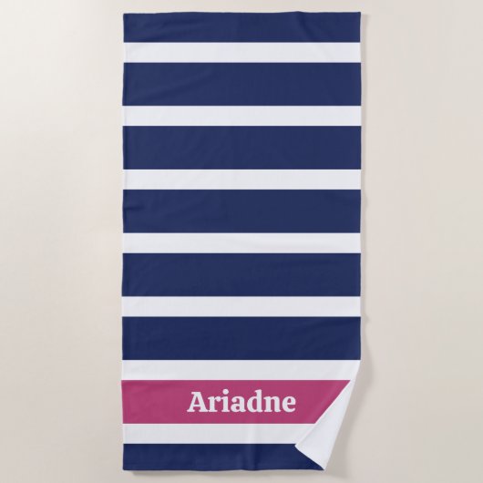 Serviette De Plage Monogramme à rayures bleu blanc rose (Devant)