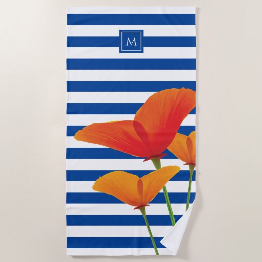 Serviette De Plage Monogramme à rayures bleu chic (Devant)