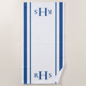 Serviette De Plage Monogramme à rayures bleu et blanc classique (Devant)