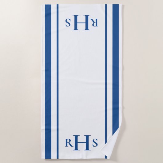 Serviette De Plage Monogramme à rayures bleu et blanc classique (Devant)