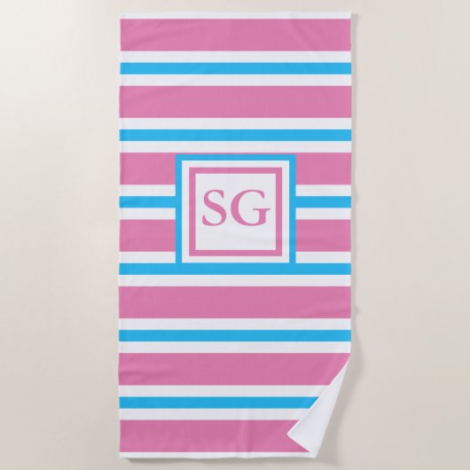 Serviette De Plage Monogramme à rayures rose et turquoise (Devant)