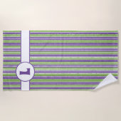 Serviette De Plage Monogramme à rayures violettes, vertes et blanches (Devant)