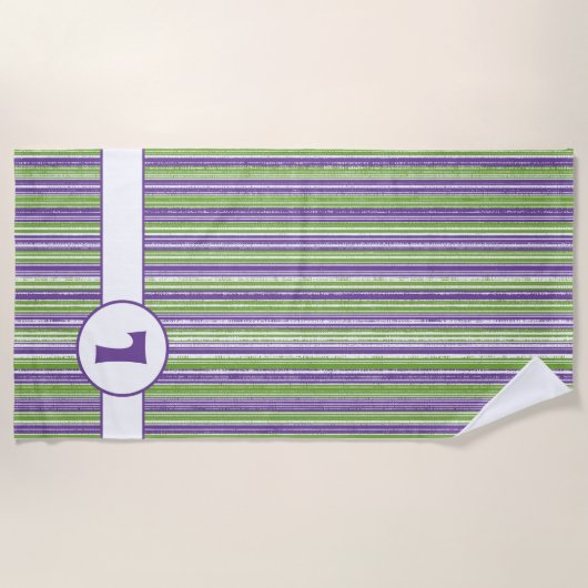Serviette De Plage Monogramme à rayures violettes, vertes et blanches (Devant)