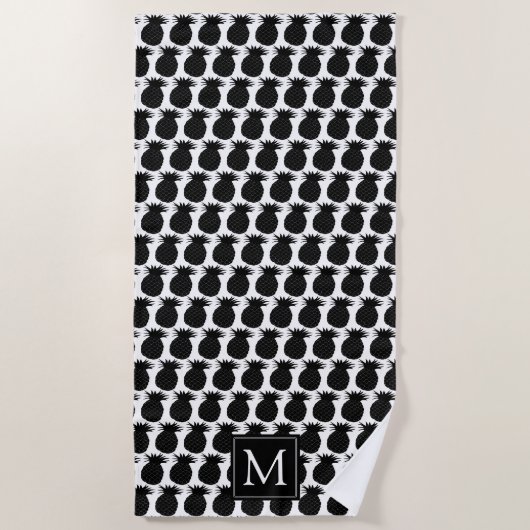 Serviette De Plage Monogramme Ananas noir et blanc (Devant)
