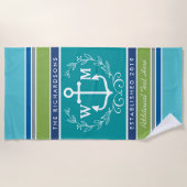 Serviette De Plage Monogramme Ancre Laurel Wreath Stripes Aqua (Devant)