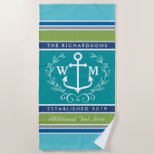 Serviette De Plage Monogramme Ancre Laurel Wreath Stripes Aqua (Devant)