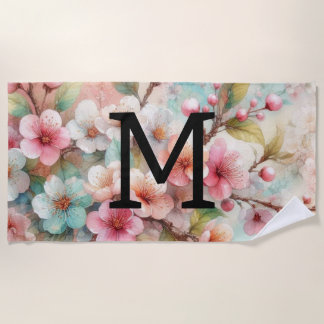 Serviette De Plage Monogramme aquarelle florale roses cerisiers en fl