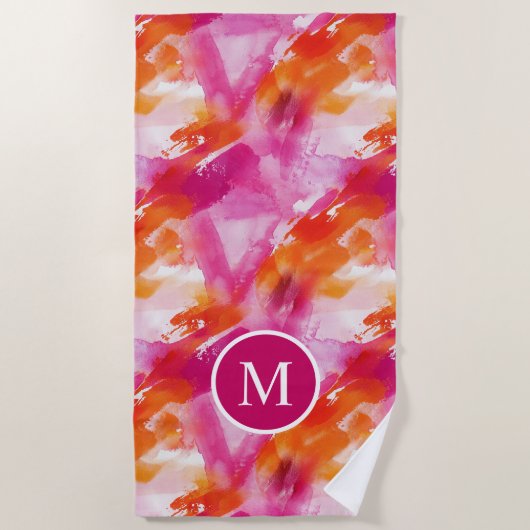 Serviette De Plage Monogramme Aquarelle rose orange Abstrait (Devant)