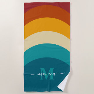Serviette De Plage Monogramme arc-en-ciel Nom personnalisé Retro Suns