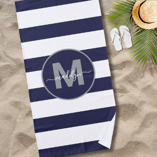 Serviette De Plage Monogramme avec rayure nautique bleu marine