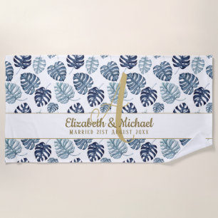 Serviette De Plage Monogramme Azure Blue Tropical Feuilles Gold Nouve