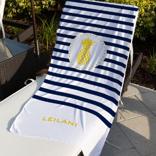 Serviette De Plage Monogramme Bande de marine avec ananas jaune  