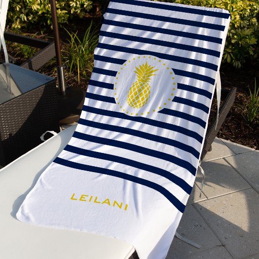 Serviette De Plage Monogramme Bande de marine avec ananas jaune |