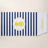 Serviette De Plage Monogramme Bande de marine avec ananas jaune | (Devant)