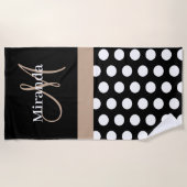 Serviette De Plage Monogramme beige noir blanc Polka point (Devant)
