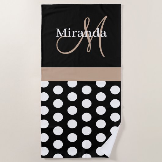 Serviette De Plage Monogramme beige noir blanc Polka point (Devant)