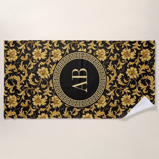 Serviette De Plage Monogramme Black Gold Classy Élégant Motif (Devant)