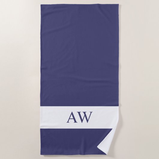 Serviette De Plage Monogramme blanc bleu marine chic (Devant)