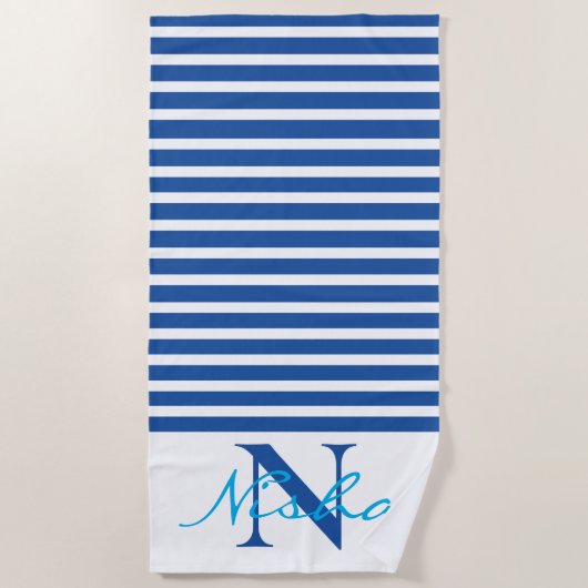 Serviette De Plage Monogramme Bleu Blanc (Devant)