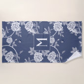 Serviette De Plage Monogramme bleu Chinoiserie Fleurs et oiseaux (Devant)