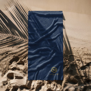 Serviette De Plage Monogramme bleu marine et or
