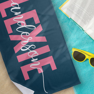 Serviette De Plage Monogramme bleu rose personnalisé